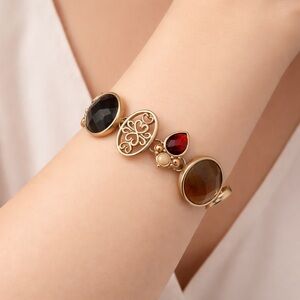 Estate Goldtone Link Bracelet Brown Cabochon & Red Accent Stones